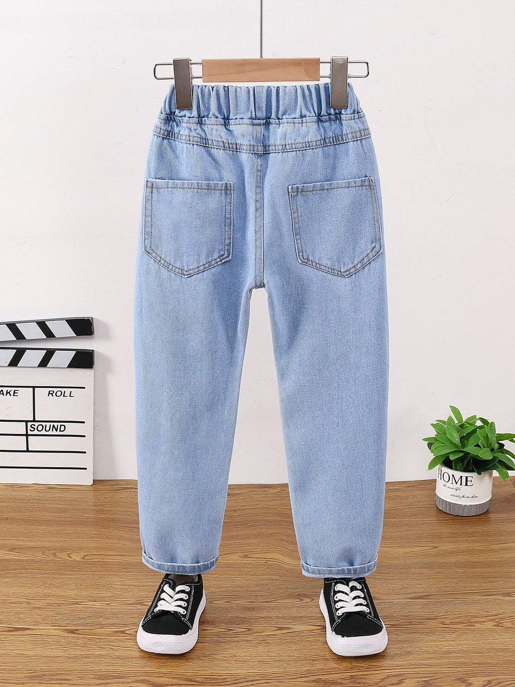 Girls Ripped Tapered Jeans, Cartoon Pattern Elastic Waistband Denim Jeans Kids Clothes
