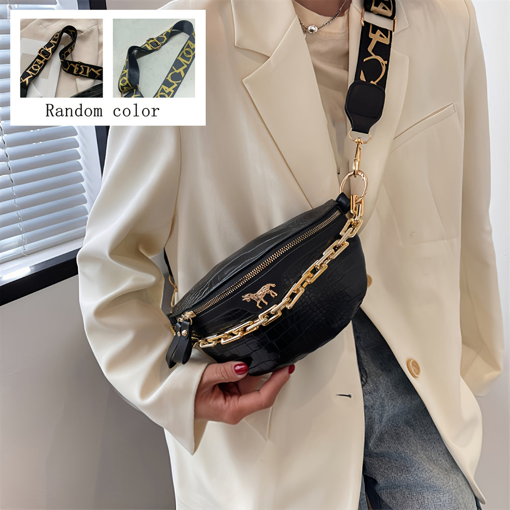 Crocodile Embossed Waist Bag Chain Decor Zipper Fanny Pack, Cool Faux Synthetic Leather Chest Bag for Women
