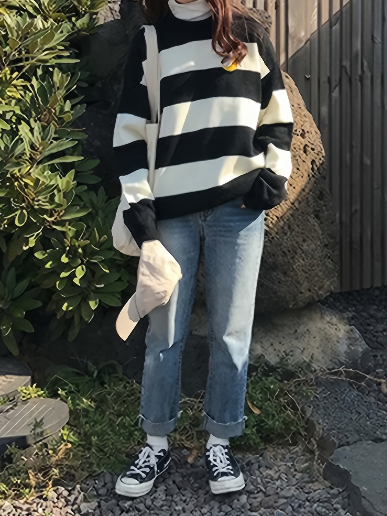 Kawaii Round Neck Striped Pullover Sweater, Casual Every Day Top For Winter & Fall, Women's Clothing