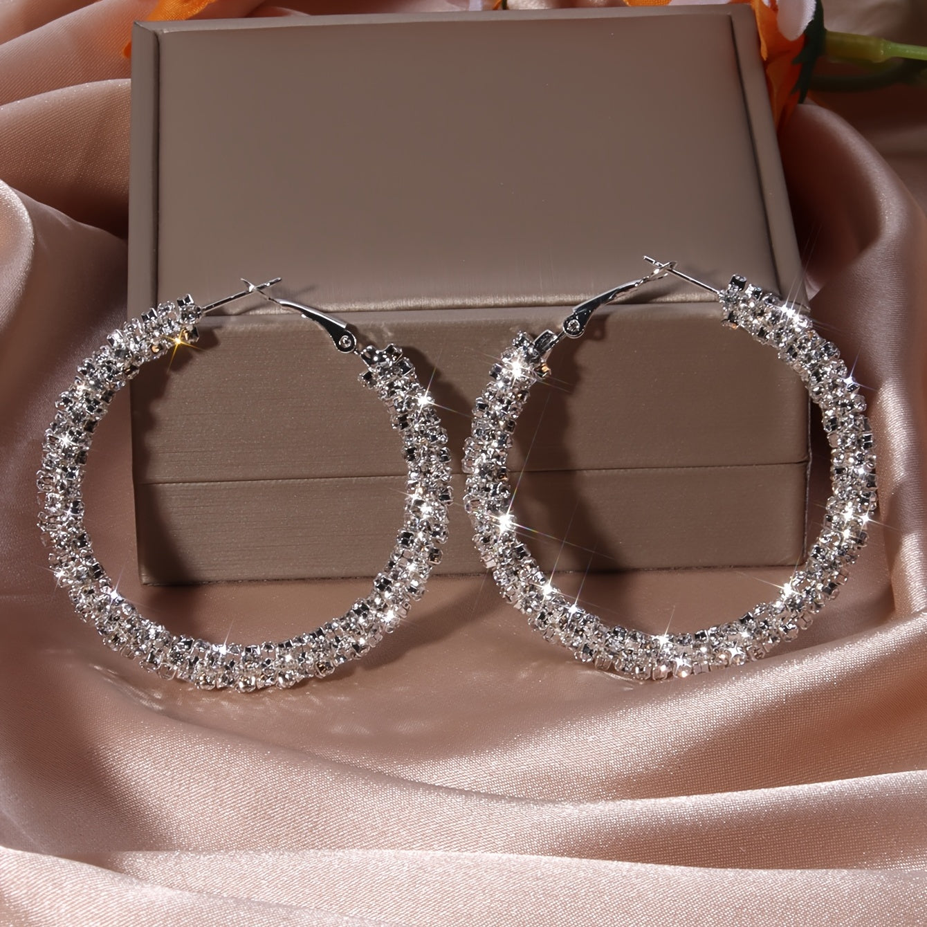 Large Full Rhinestone Hoop Earrings Silver Plated Delicate Jewelry Party Holiday Gift For Women