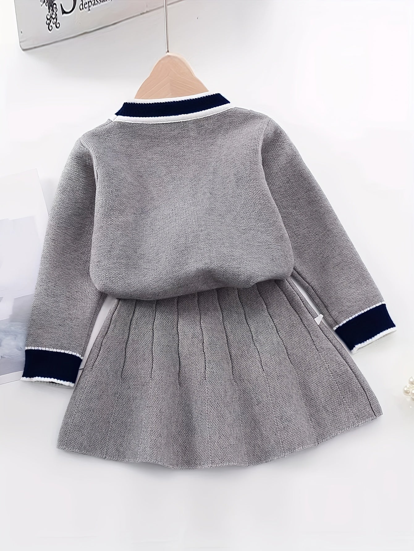 Girls Preppy Style Cardigan And Skirt Set - V-Neck Long Sleeve Top with Button Front & Pockets, Elastic Waistband, Ribbed Texture, Solid Color, Perfect for Fall, Casual Attire | Preppy Clothing | Construction, Clothes for You