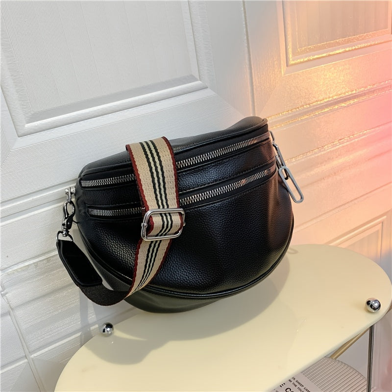 Black Synthetic Leather Crossbody Bag with Adjustable Striped Strap - Large Capacity Shoulder Messenger Bag for Women, Zipper Closure, Polyester Lining, Versatile Solid Color Design