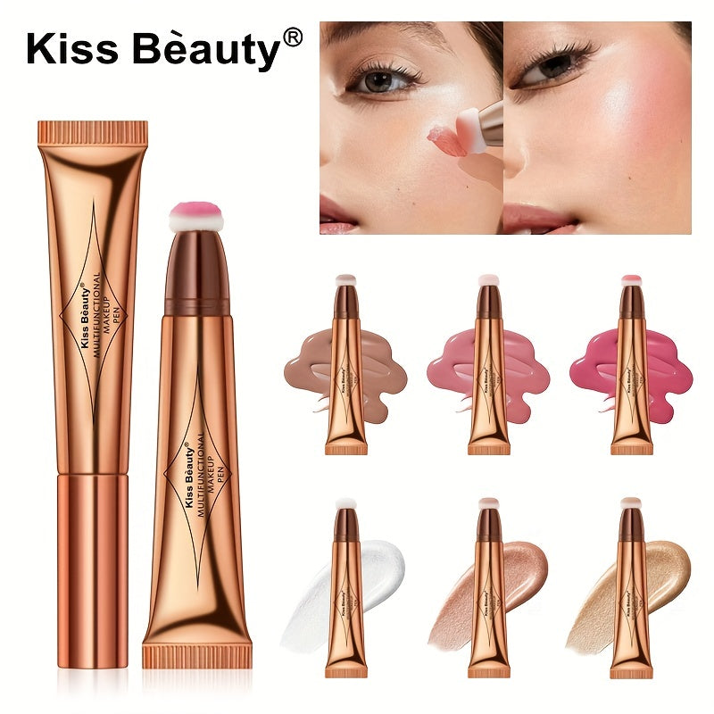 3-IN-1 Multi-Functional Makeup Pen - Contour, Highlight, Blush with Natural Moisturizing Creamy Soft Liquid Formula, Plant Squalane, Glitter Shimmer Powder for Cheeks - Easy to Use, Long-Lasting, Cruelty-Free, Vegan-Friendly