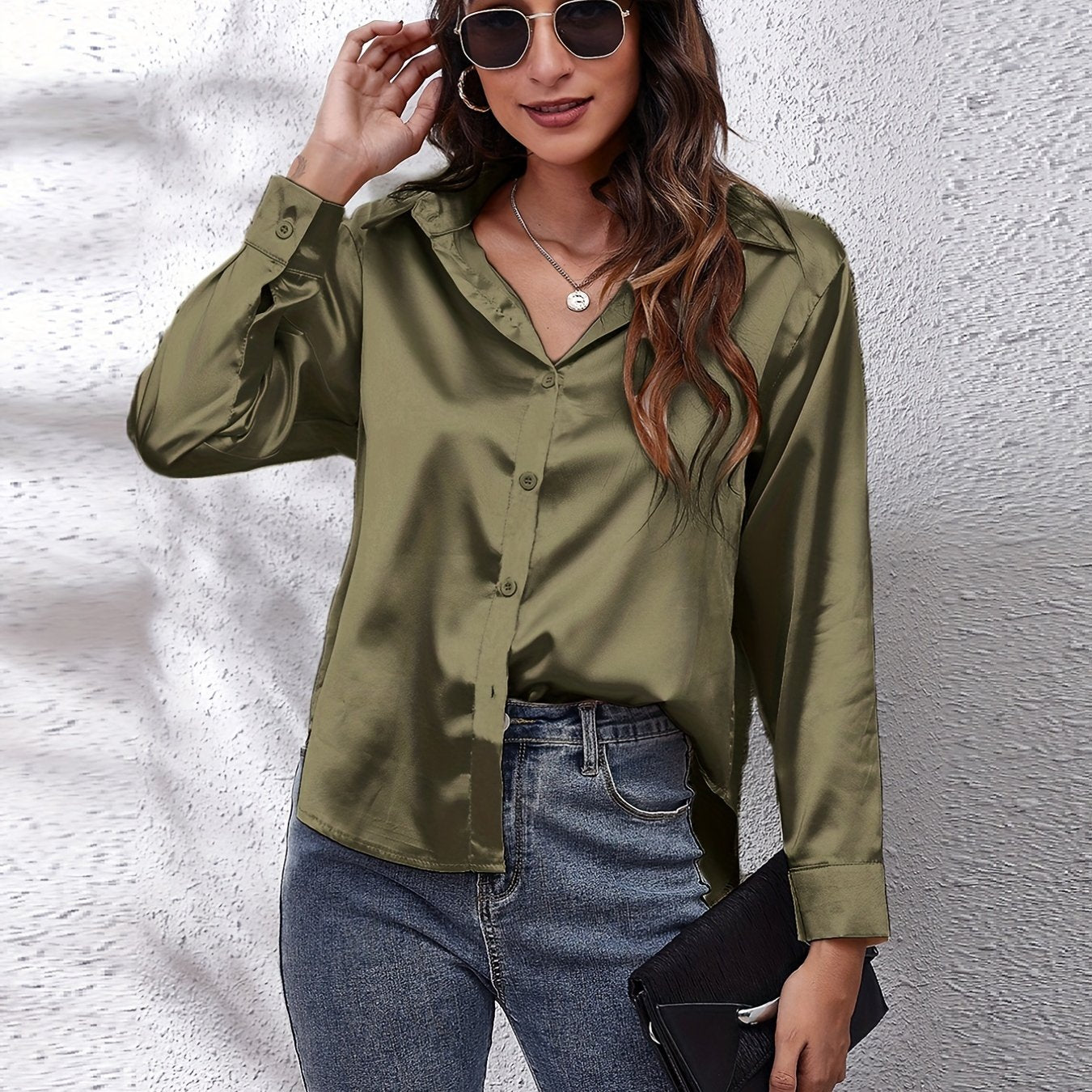Solid Color Long Sleeve Button Down Tops, Business Casual Blouses For All Seasons, Women's Clothing