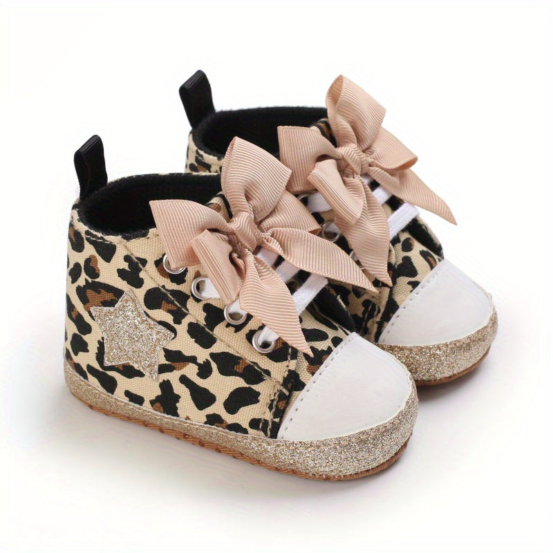 Infant Baby Gils Canvas Shoes, Soft-soled Non-slip High Top First Walker Shoes With Bow Decor
