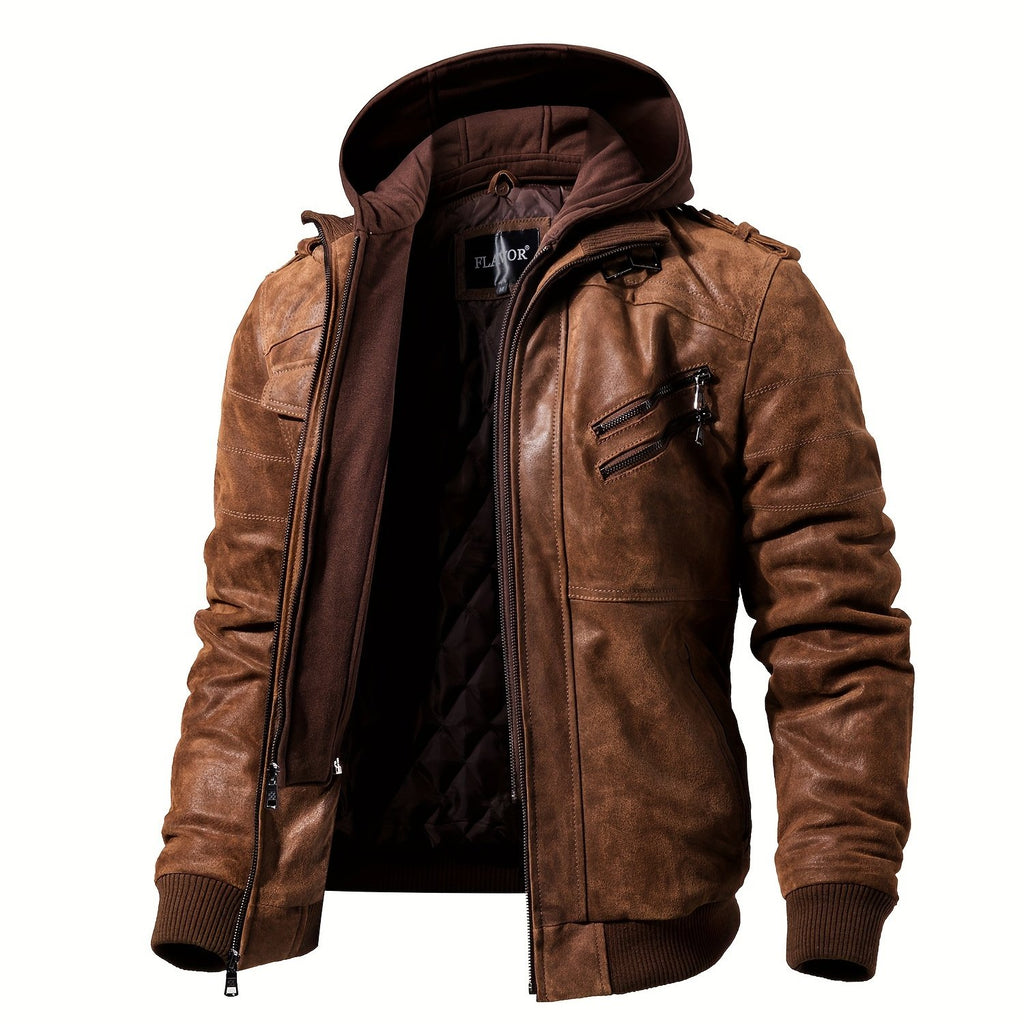 Men's Brown Leather Motorcycle Jacket with Removable Hood - FLAVOR