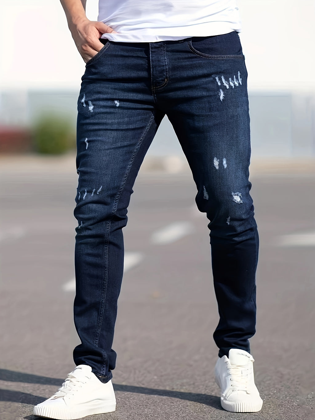 Slim Fit Ripped Jeans, Men's Casual Street Style Distressed Medium Stretch Denim Pants