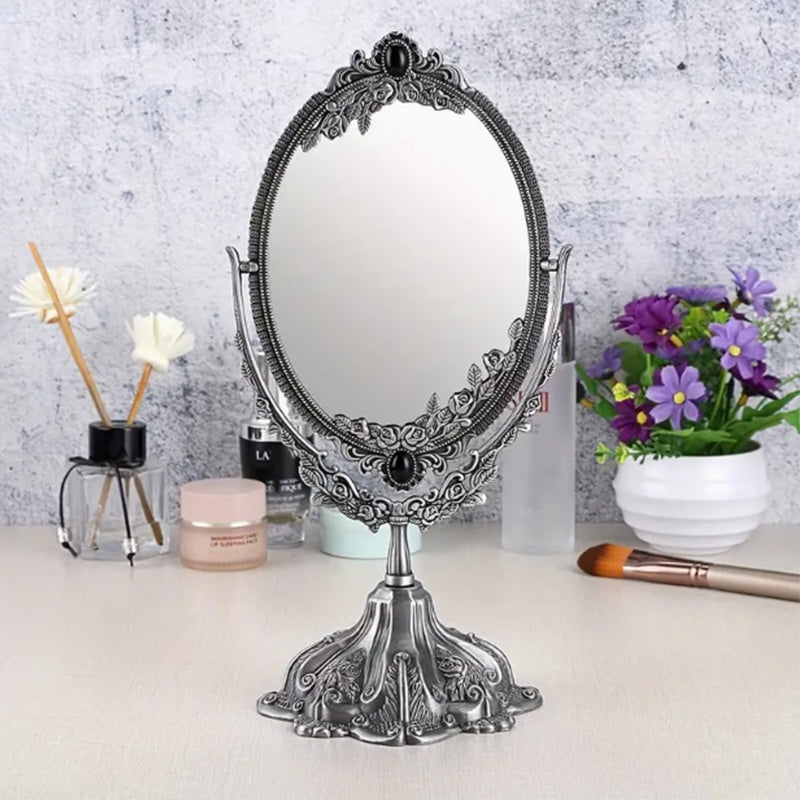 1pc Metal Desktop Antique Decorative Makeup Mirror, Vintage Rotating Double Sided Makeup Mirror With Frame, Tabletop Oval Vanity Mirror For Bathroom Bedroom