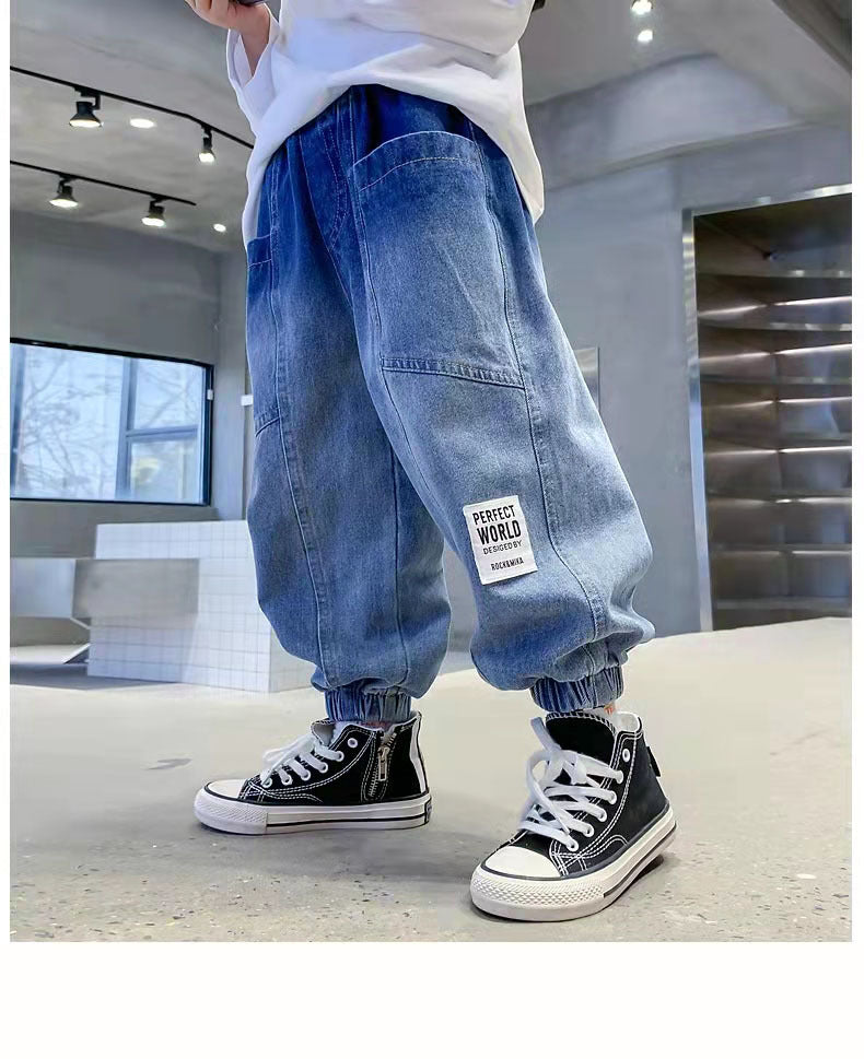 Boys' Light Wash Distressed Faux Denim - Loose Fit Casual Pants with Belt Loops & Button Closure, Machine Washable, Non-Stretch Fabric, Spring/Fall Wardrobe Essential for School, Jeans for Boys