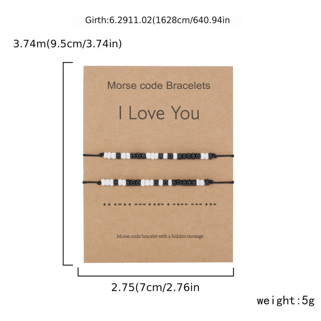 I Love You 2pcs/set Morse Code Black And White Rice Beads Woven Adjustable Couple Bracelets