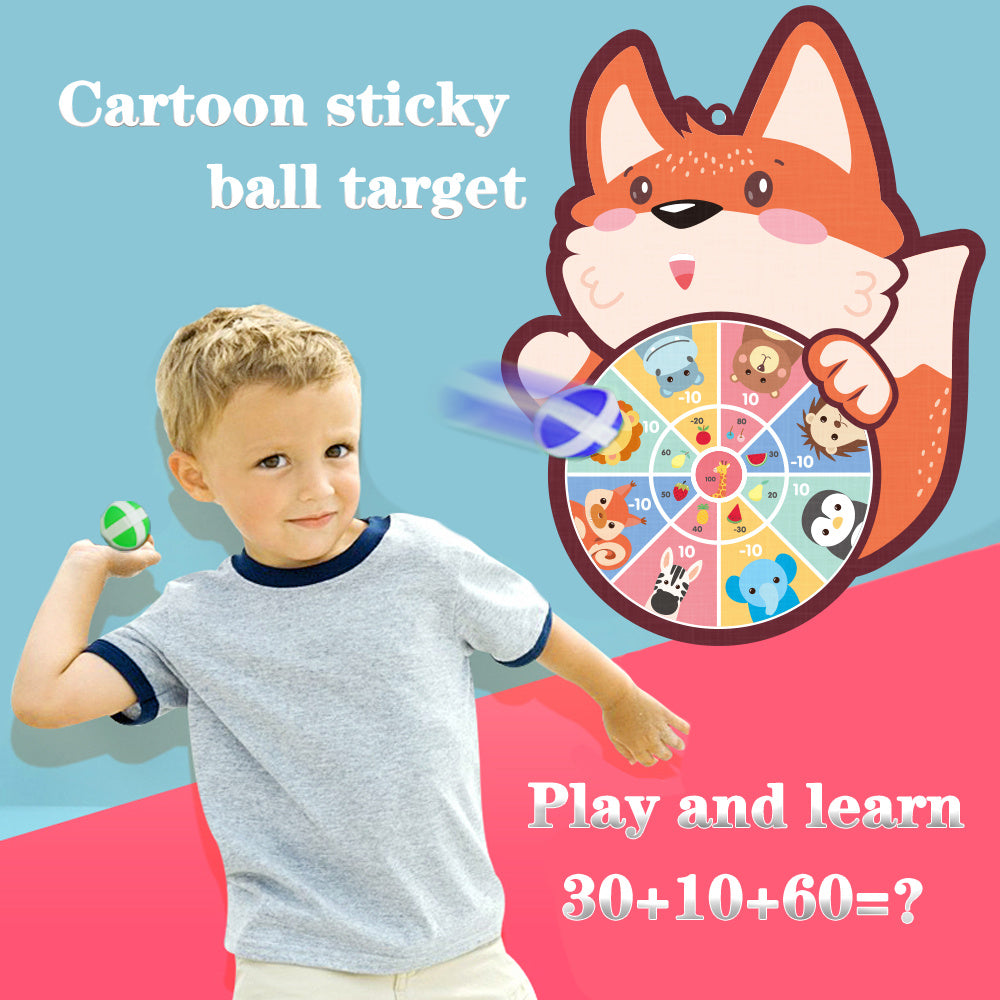 Set With 6 Sticky Balls And A Hook Sticky Ball Dart Target Board Cartoon Animal Target Game (Foxes, Elephants, Dinosaurs) Outdoor Sports Indoor Cloth Toys Educational Board Games