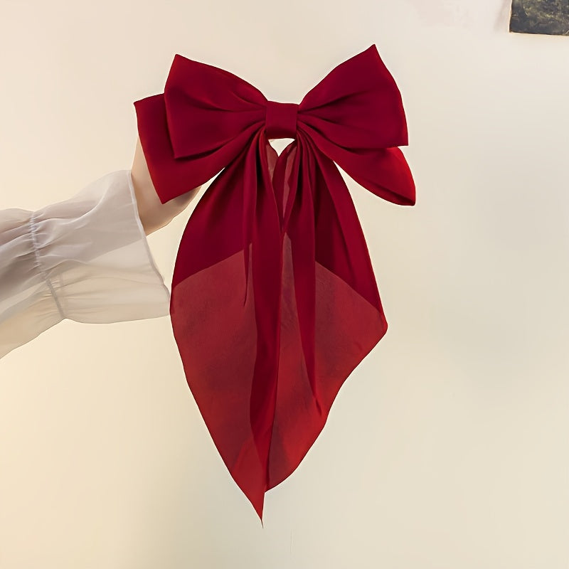 Korean Style Large Red Bow Hair Clip for Women - Long Ribbon Butterfly Hair Accessory with Secure Hold, Elegant Hairpin for Long Hair, Versatile for Casual & Formal Events, Hair Accessories, Formal Hairpiece, Sophisticated De