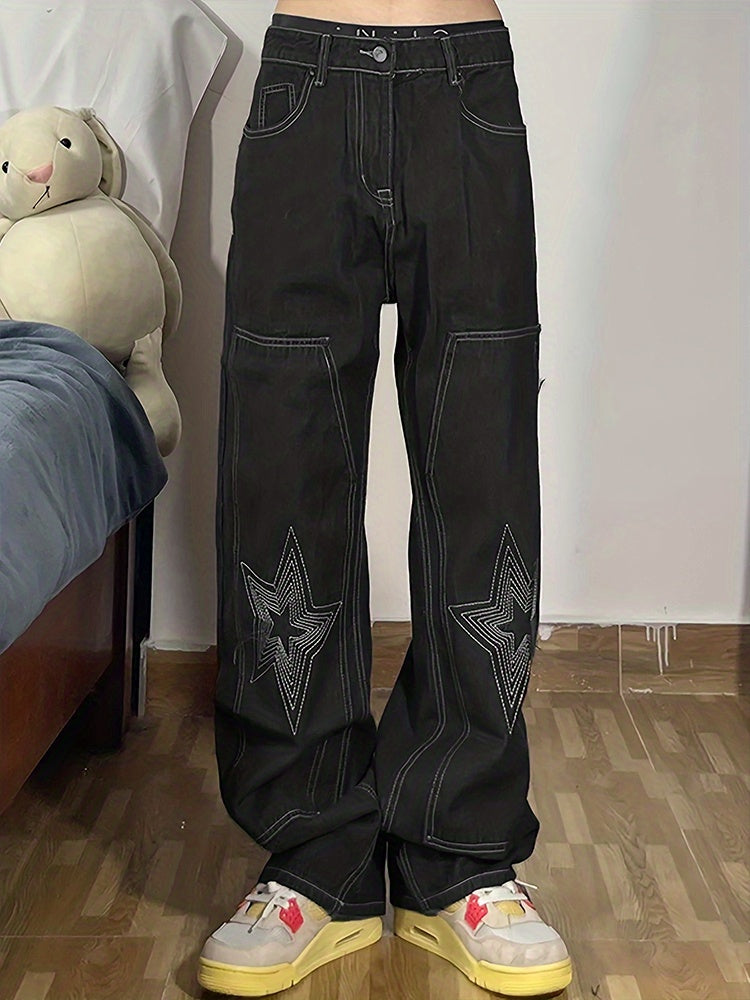 Y2k Letter Print Wide Leg Loose Fit Jeans, Men's Casual Slightly Stretch Street Style Multi Pocket Baggy Denim Pants For Spring Summer