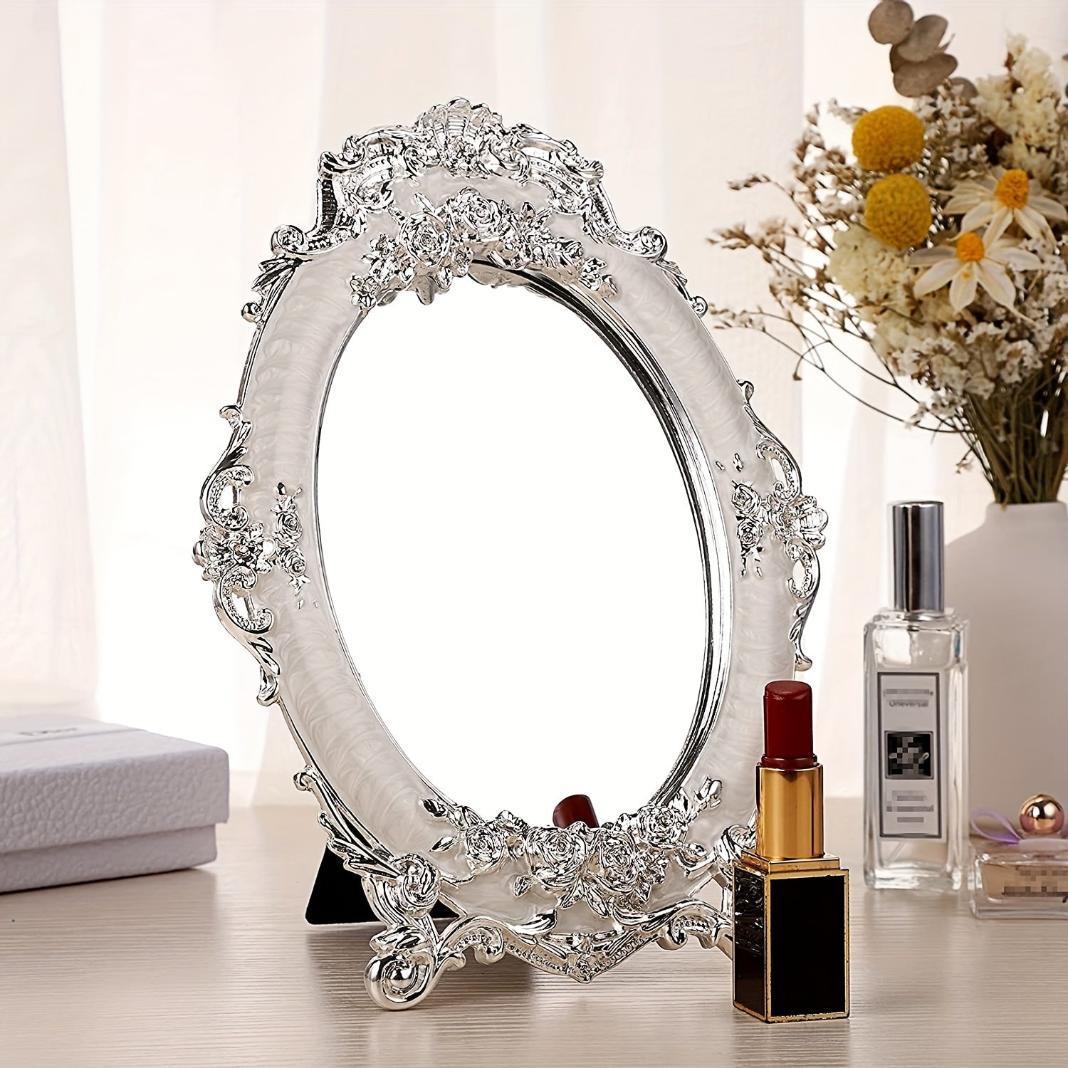 Rose Embossed Antique Oval Mirror with Stand - Vintage Tabletop Mirror for Home, Bedroom, Dressers, Living Room, Bathroom - Decorative Metal Countertop Vanity Makeup Mirror