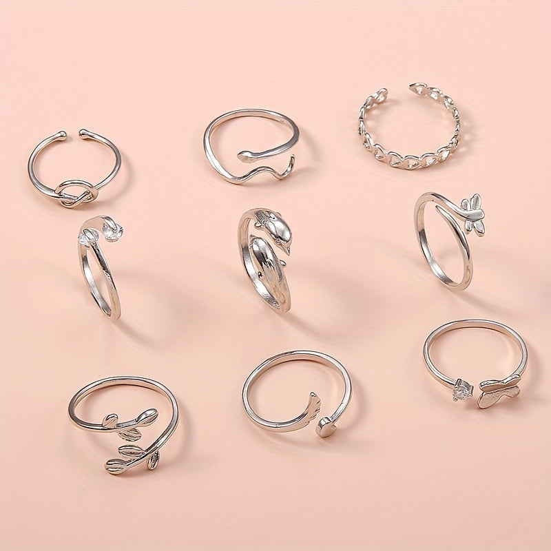 [9 Pieces Adjustable Foot Ring Set] Snake, Butterfly, Dragonfly, Dolphin, Heart, Leaf, Water Drill, Adjustable, Foot Ring, Set, Beach, Foot Ring, 9 Pieces Set
