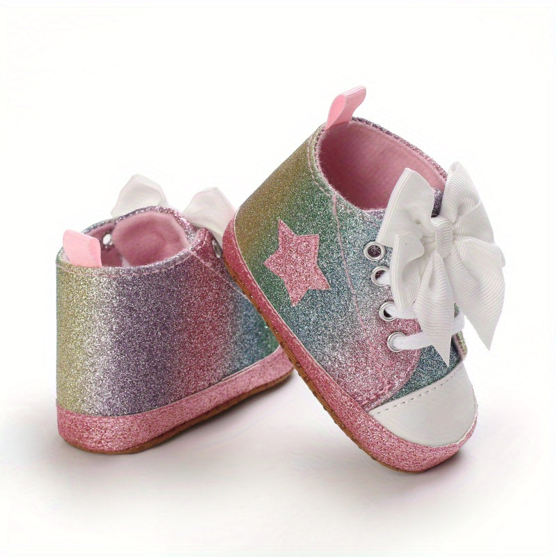 Infant Baby Gils Canvas Shoes, Soft-soled Non-slip High Top First Walker Shoes With Bow Decor