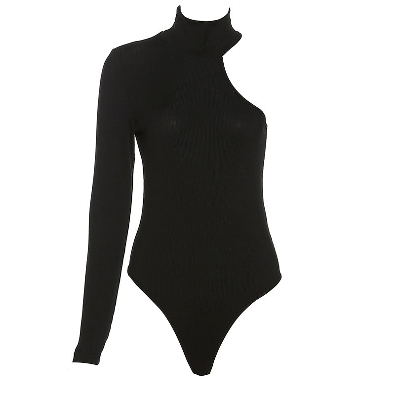 Solid Asymmetric One Shoulder Ribbed Knit Long Sleeve Bodysuit, Sexy Fall Winter One Piece Bodysuits, Women's Clothing