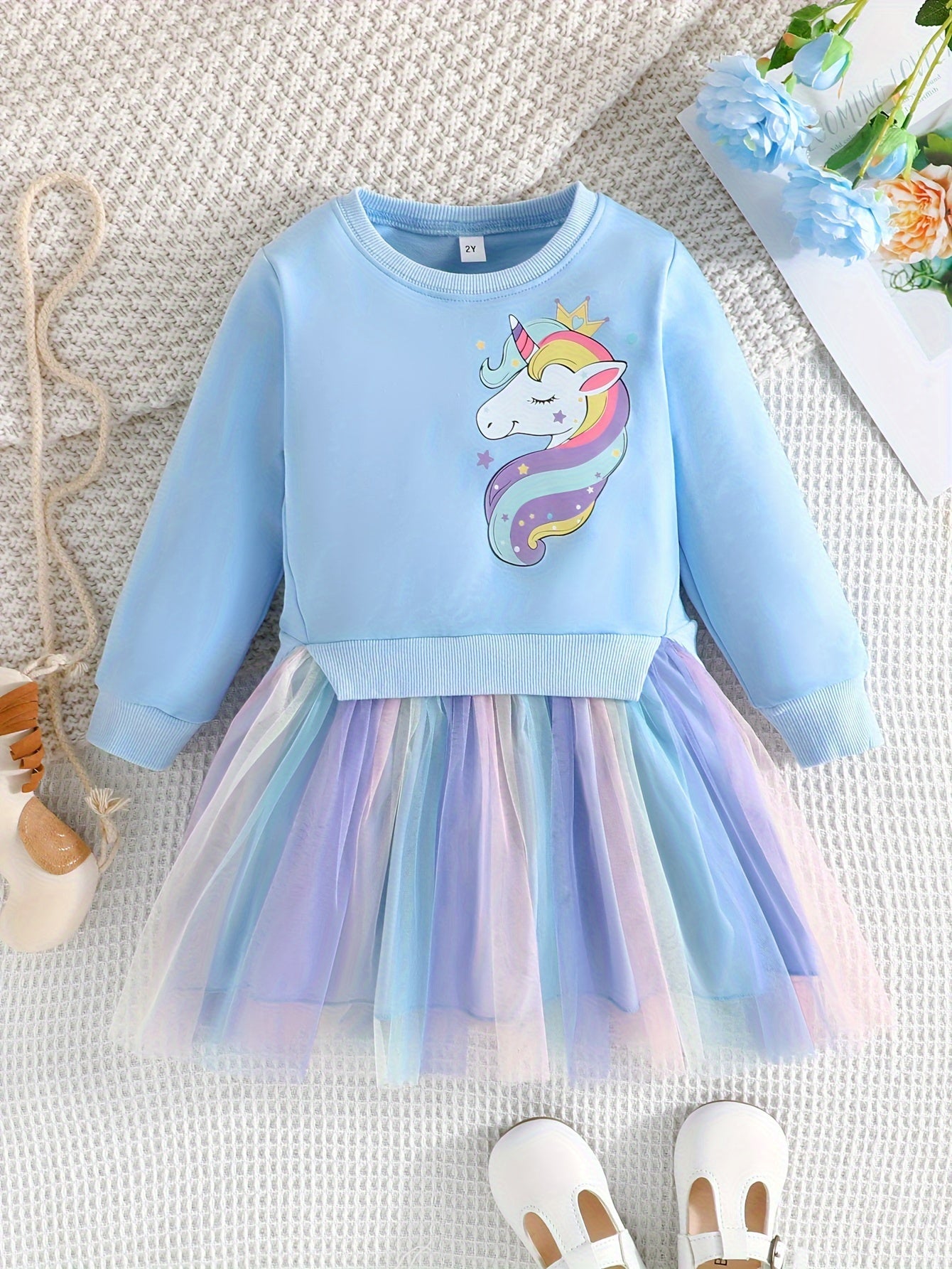 Toddler Girls Long Sleeve Cute Unicorn Graphic Color Block Mesh Spliced Princess Dress For Party Kids Clothes
