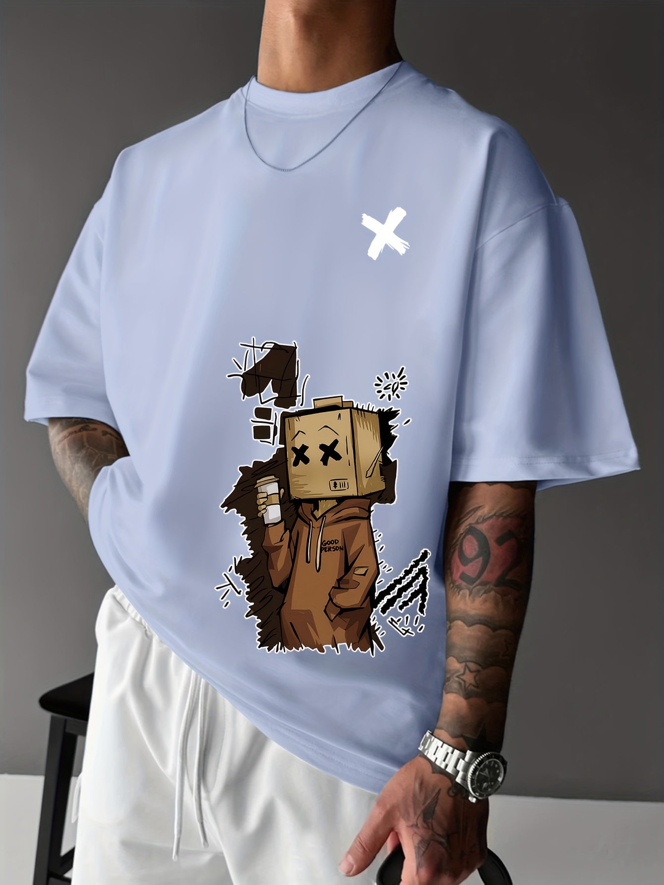 Men'S Summer Casual T-Shirt with Playful Robot & Cupcake Graphic - Red, Short Sleeve, Round Neck, Loose Fit, Geometric Pattern, Perfect for Streetwear or Casual Attire, Casual Summer Wear | Playful Graphic Tee | Comfortable F