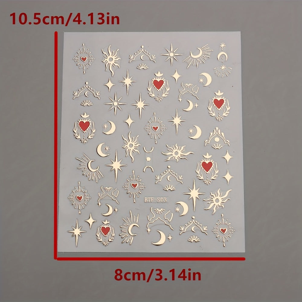 Golden Sun, Moon, and Star Nail Art Stickers - Self-Adhesive 3D Decals for French Nail Design and DIY Decoration