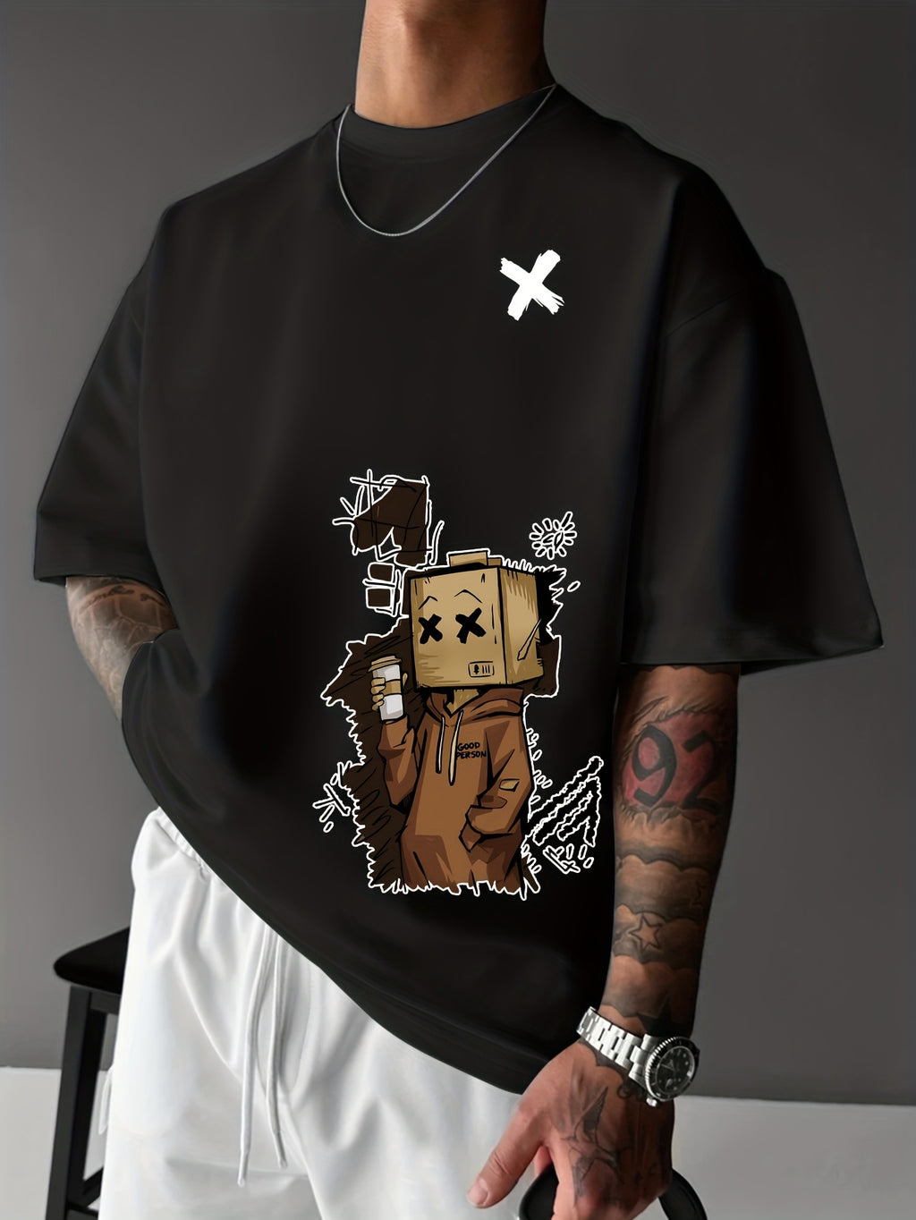 Men'S Summer Casual T-Shirt with Playful Robot & Cupcake Graphic - Red, Short Sleeve, Round Neck, Loose Fit, Geometric Pattern, Perfect for Streetwear or Casual Attire, Casual Summer Wear | Playful Graphic Tee | Comfortable F