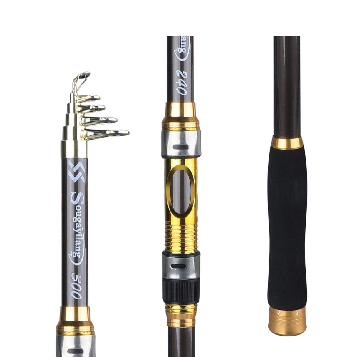 [Quality Construction] Sougayilang Ultralight Carbon Fiber Spinning Fishing Rod - Portable, Medium Action, 204.83-299.92cm Extendable Length, Black & Golden with Comfort Grip Handle - Ideal for All Anglers