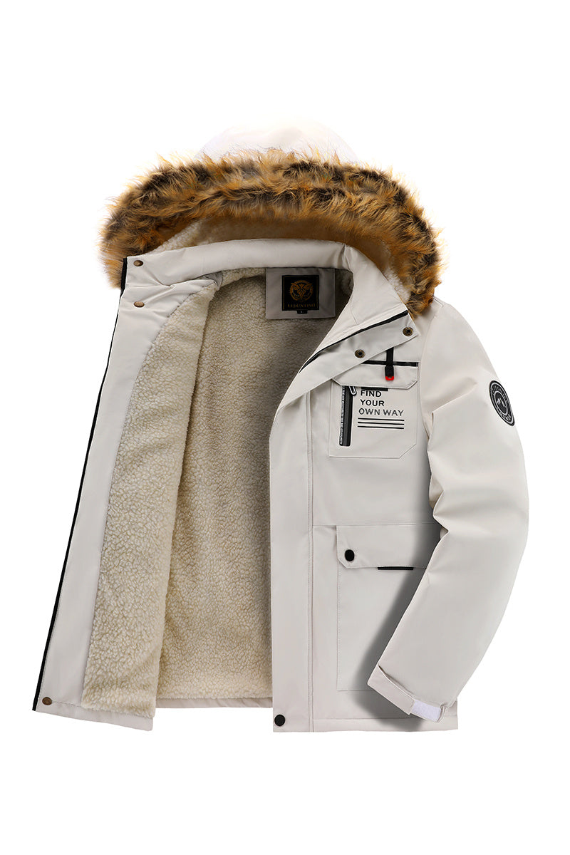 Men'S Winter Windbreaker Jacket with Lamb Fur Collar, Polyester 100% Windproof Zippered Sports Jacket, Alphabet Pattern, Regular Sleeve, Casual Outdoor Wear, H Fit, 150g/m² Fabric Weight