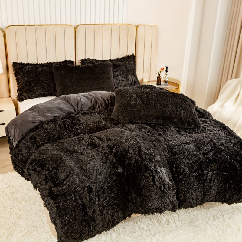 [Plush Duvet Cover Set] 3pcs Multicolor Plush Duvet Cover Set - Soft And Warm Bedding For Bedroom, Guest Room, And Dorm Decor