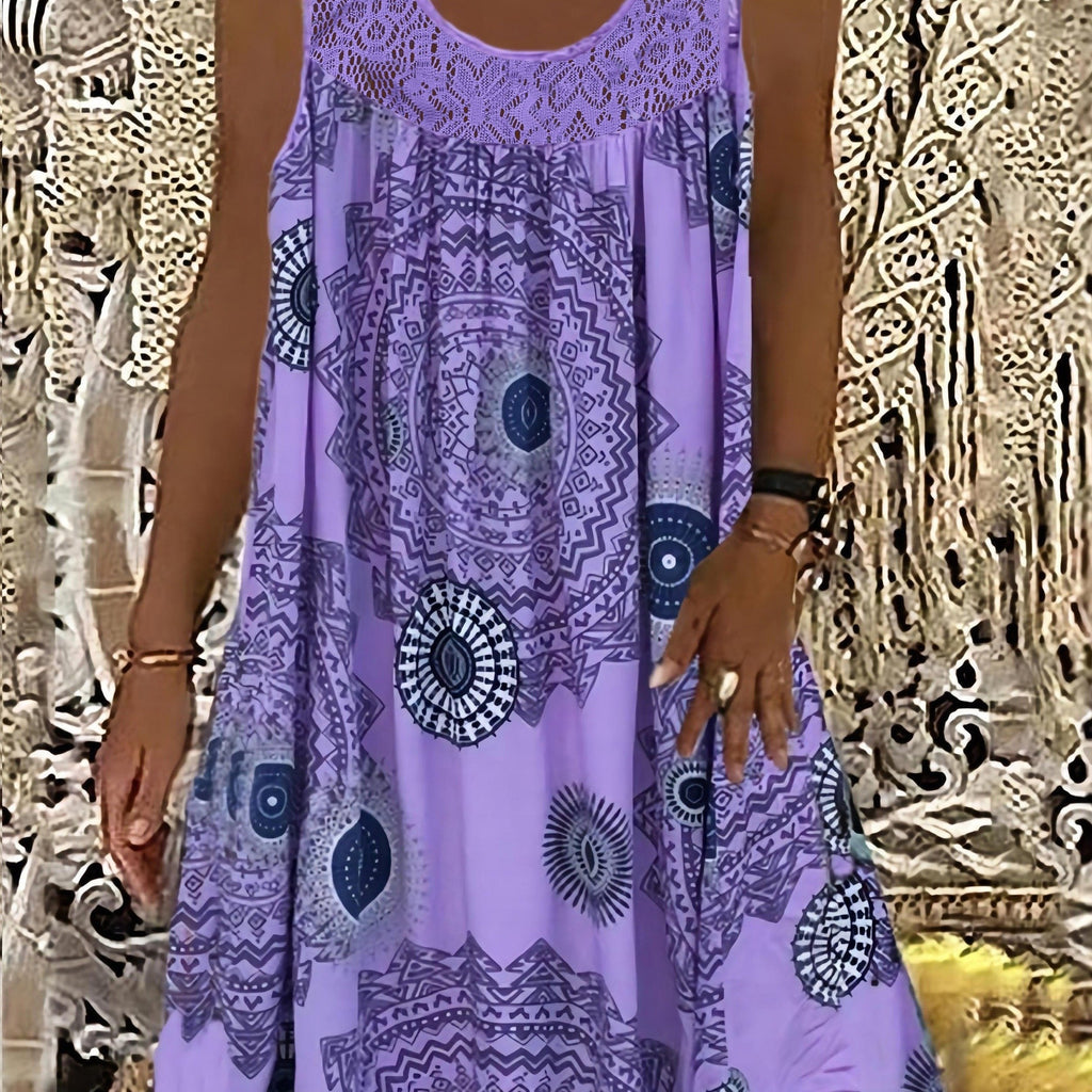 Women's Elegant Sleeveless A-Line Dress with Contrast Lace Hem & Geometric Print - Knee-Length Flared Skirt, Round Neck, Machine Washable, Plus Size Friendly for Casual & Semi-Formal Occasions, Lace Detailing, Comfortable Fit