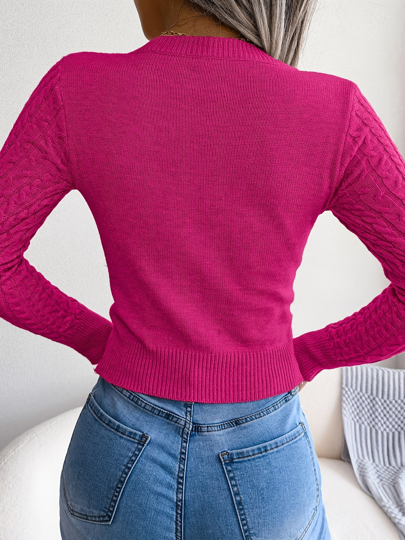 Women'S Sexy Hollow-Out Knit Pullover Sweater, Long Sleeve Crew Neck, Skinny Fit, Acrylic Blend (Polyester 28%, Polyamide 22%, Viscose 28%), High Stretch Fabric, Solid Color, Spring/Fall Fashion Top