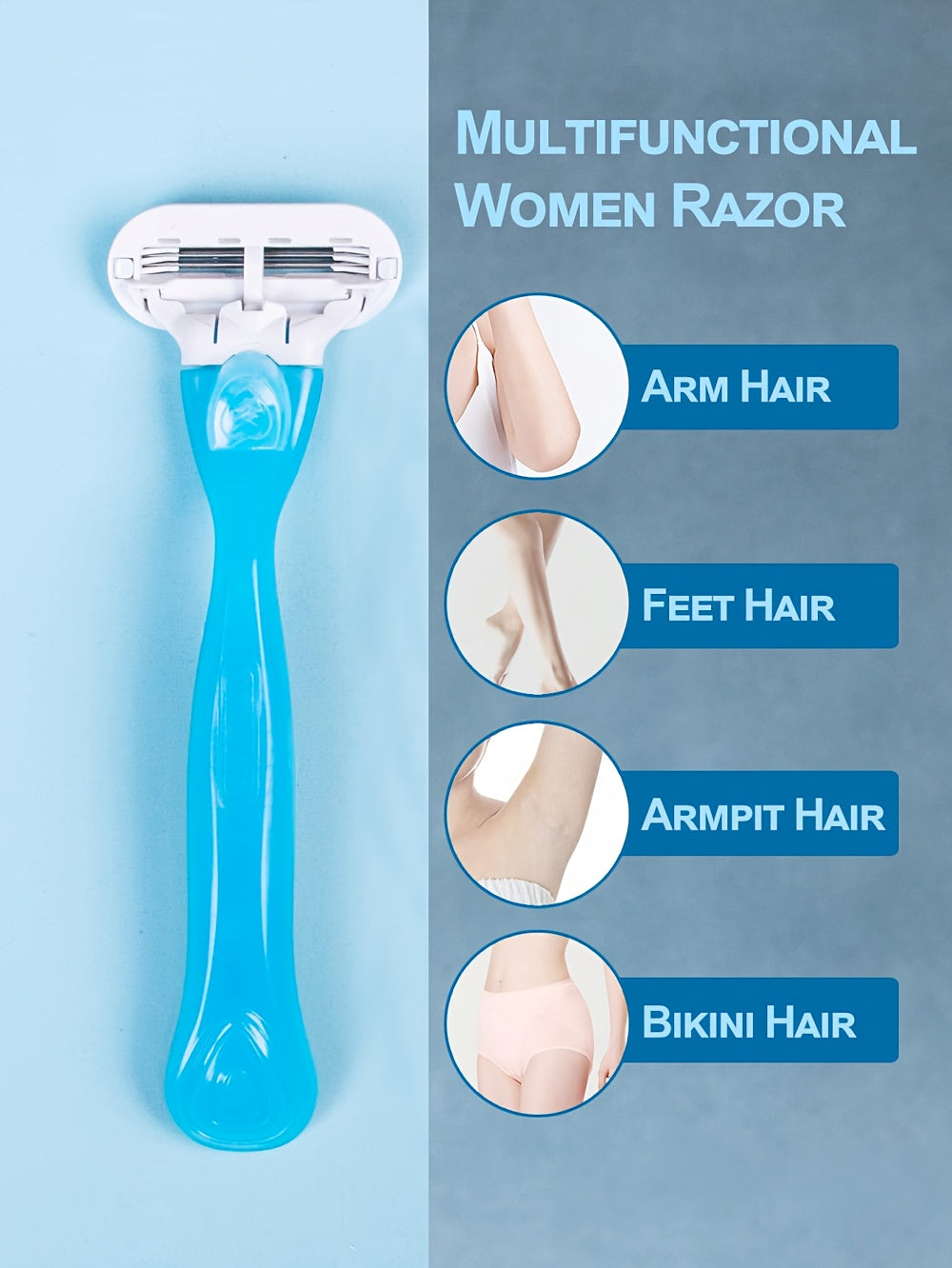 [1 Handle + 8 Blades Razor Kit] [Hypoallergenic Safety] Ladies' Classic Manual Hair Removal Razor Kit - Hypoallergenic, Reusable with 1 Blue Handle + 8 White Blades, 3-Layer Stainless Steel for Smooth, Normal Skin, Hair Remov