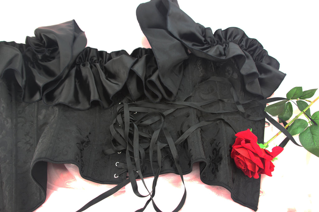 Black Flounce Sleeve Corset Tops, Lace Up Bustier Shapewear Top, Women's Lingerie & Shapewear