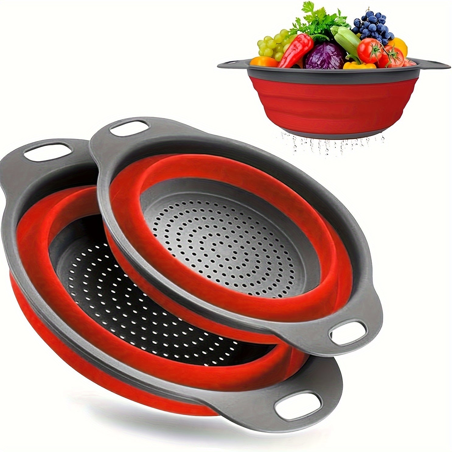 1/2 Set of Round Kitchen Draining Baskets, Foldable Funnel - Includes One Large And One Small, Perfect for Draining Pasta, Vegetables, And Fruits (Green, Red, Blue)