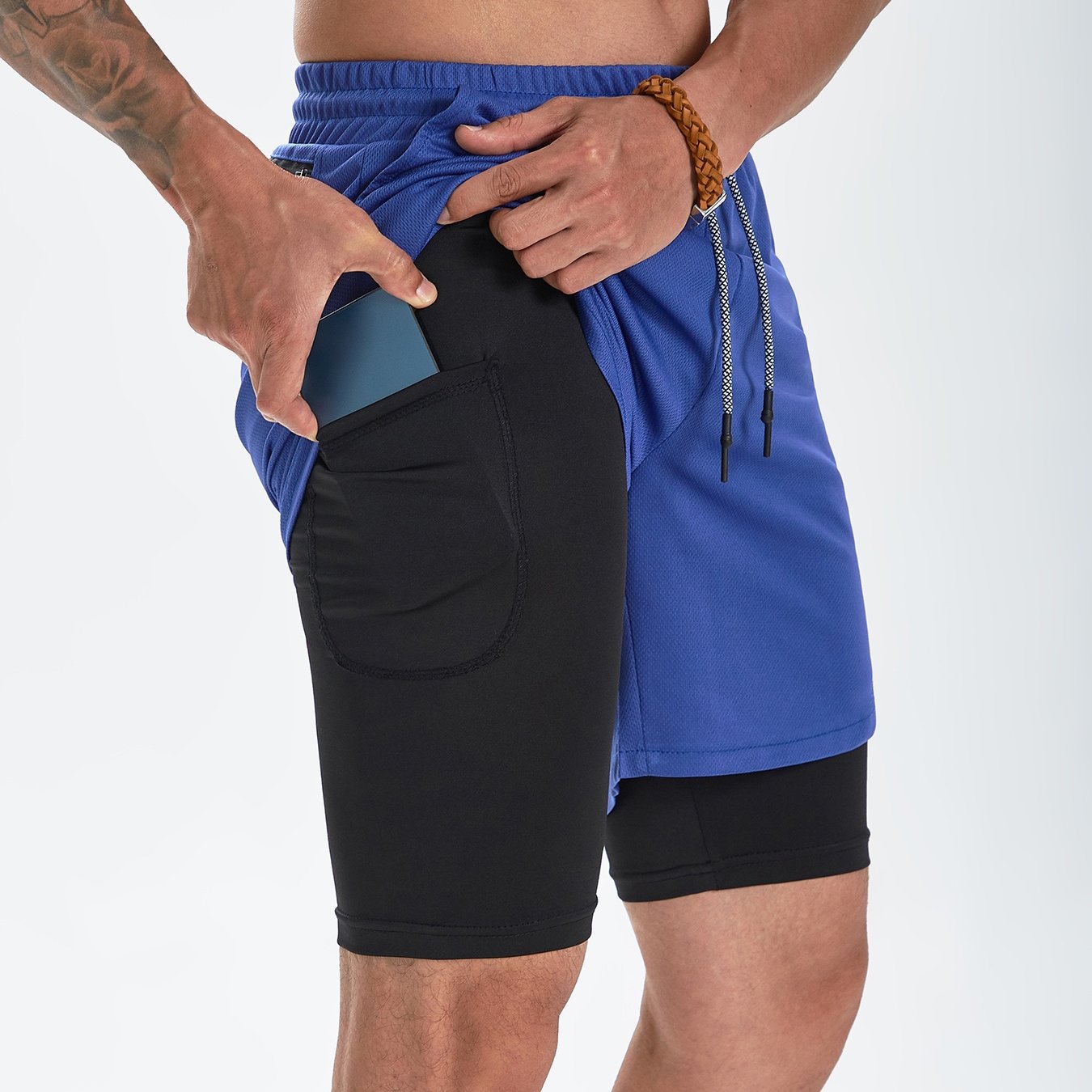 Men's 2 In 1 Workout Running Shorts, Quick Dry Athletic Gym Training Multicolor Shorts With Phone Pockets