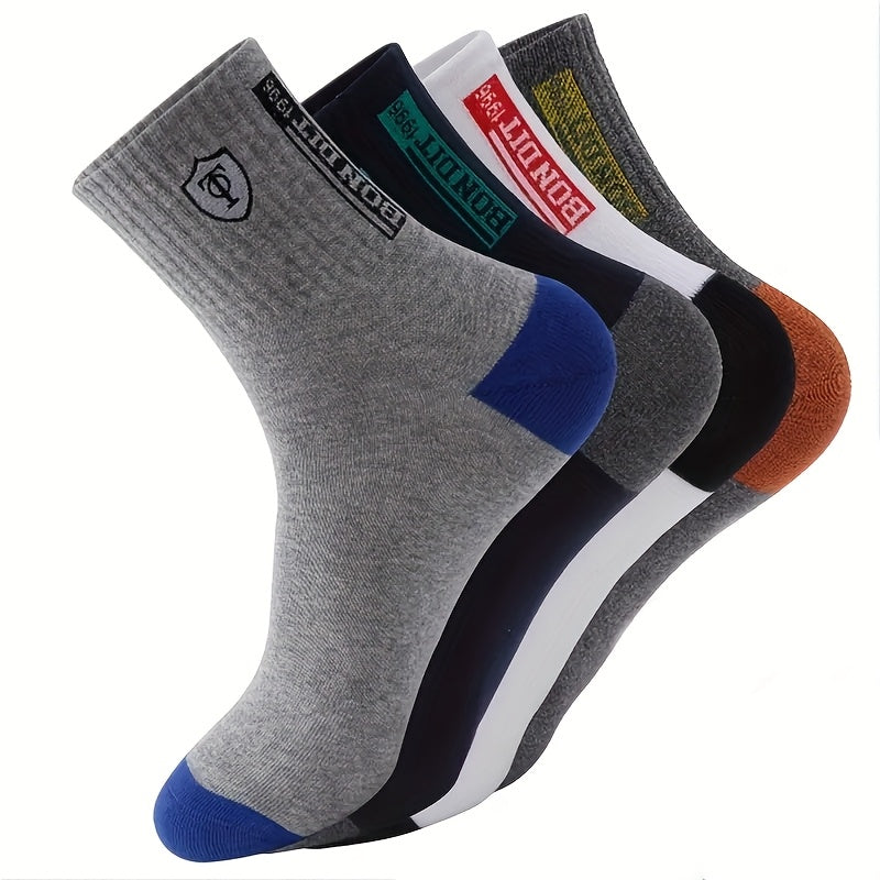 [5 Pairs Sweat-Resistant Crew Socks] 5 Pairs Men'S Athletic Crew Socks, Moisture-Wicking Knit Fabric, Solid Color, Polyester 75%, Spandex 25%, with Embroidered Badge, for Hand Wash Only, Sweat-Resistant