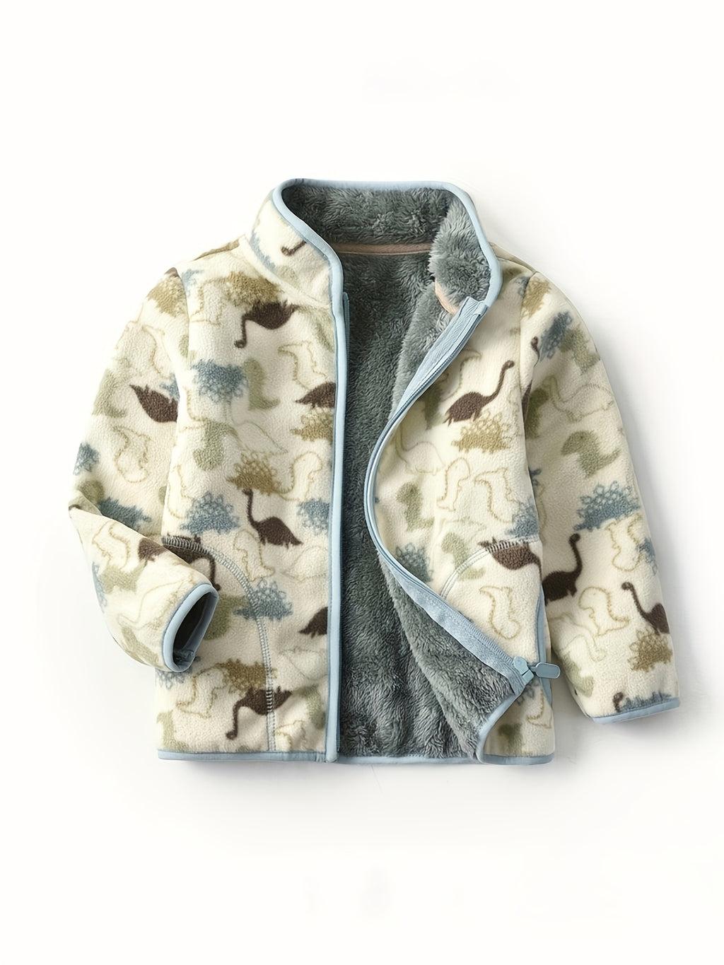 Boys' Cartoon Dinosaur Print Fleece Jacket 2022 Autumn/Winter New Arrival Baby Stand Collar Gray Thickened Plush Coat