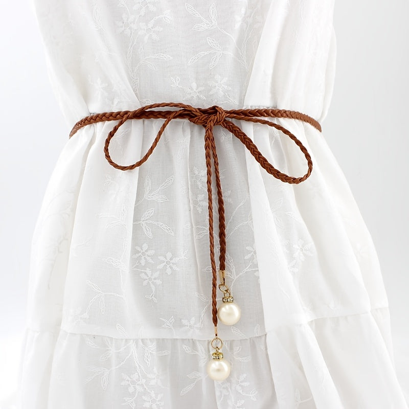 Braided Thin Belt Women's Decor Waist Rope Women's Sweet Dress Tie Waist Chain Skirt With Pearl Waist Accessories