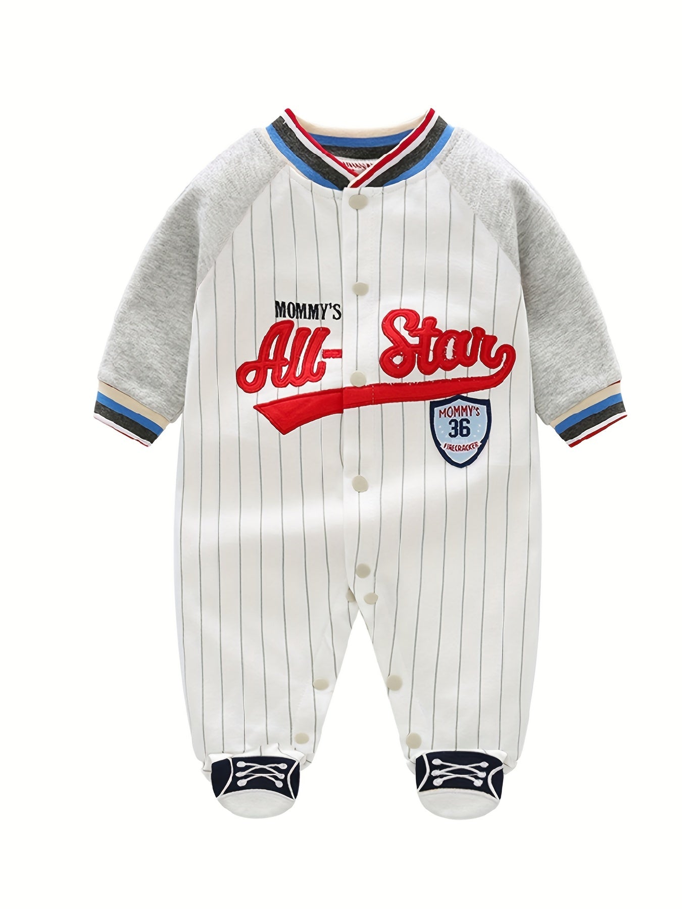 Newborn Infant Cotton Vertical Stripe Color Block Romper, Letter Embroidery Long Sleeve Jumpsuit For Baby Boys Toddler Clothes