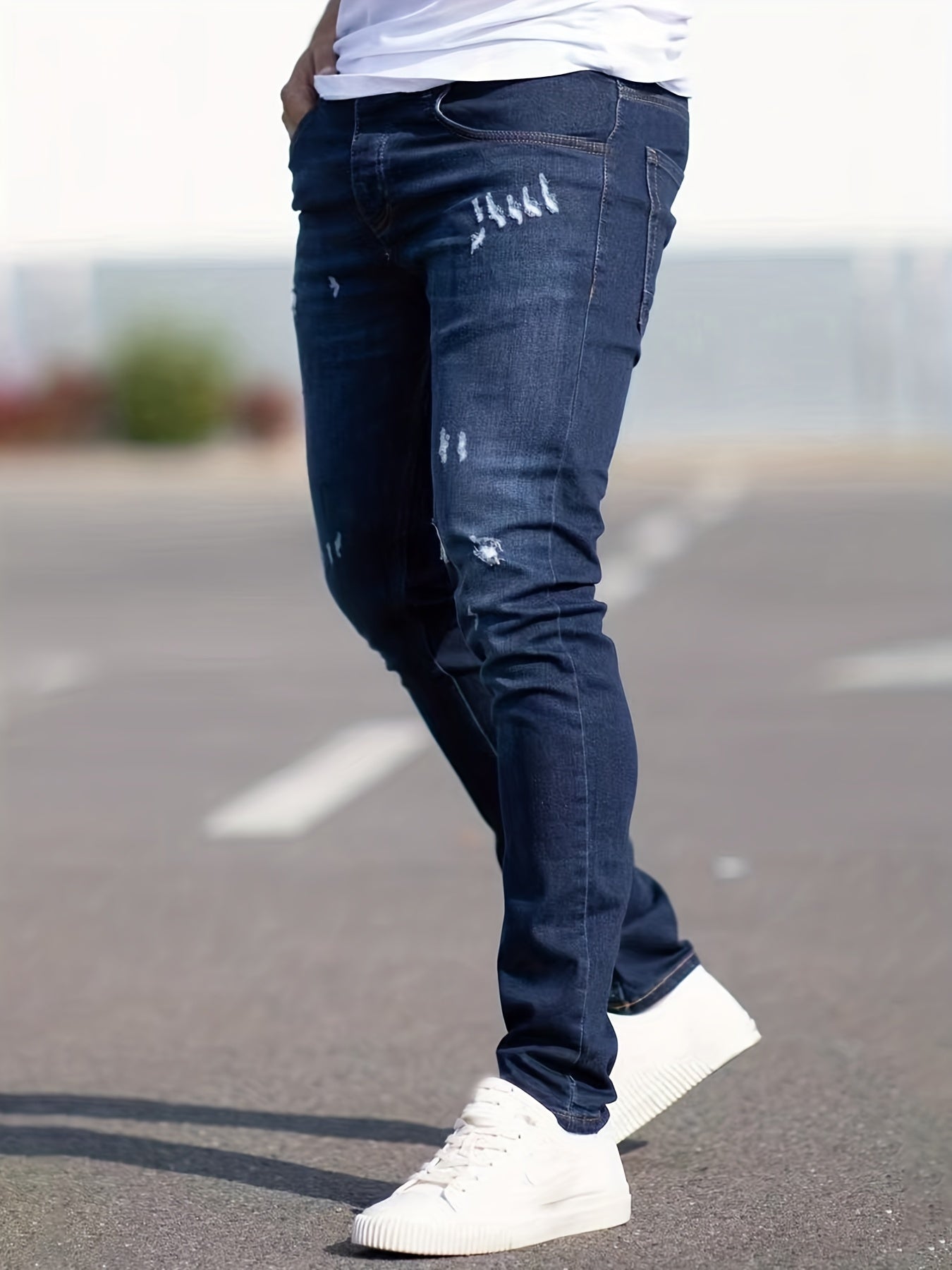 Slim Fit Ripped Jeans, Men's Casual Street Style Distressed Medium Stretch Denim Pants