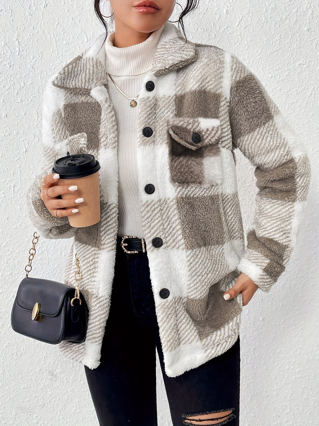 Plaid Pattern Button Front Jacket, Elegant Long Sleeve Warm Outerwear For Fall & Winter, Women's Clothing