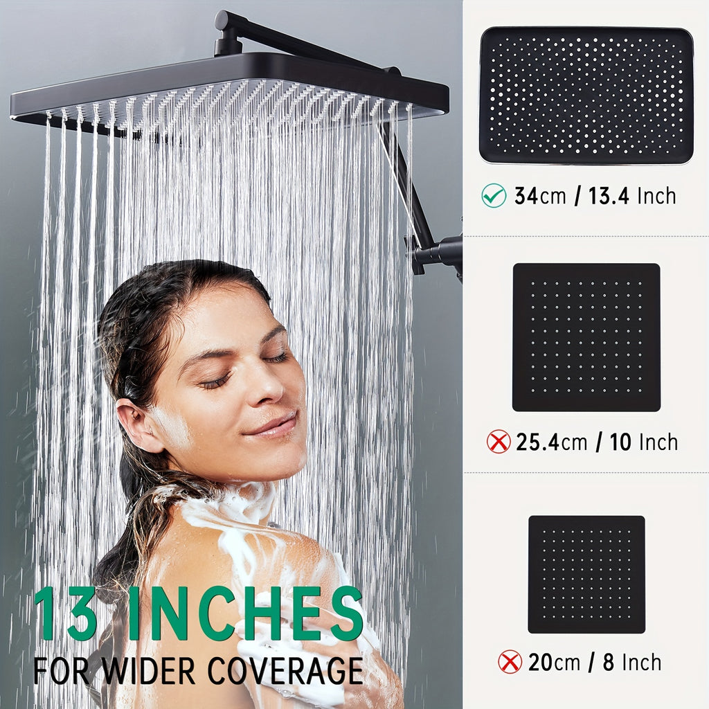 Shower Heads with Handheld Spray Combo, 13 Inches Rain Shower Head with 4-Mode Shower Wand, and 13 Inches Adjustable Arm, 3-Way Shower Diverter Valve, Extra Long Hose
