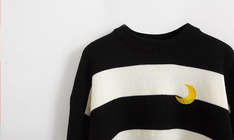 Kawaii Round Neck Striped Pullover Sweater, Casual Every Day Top For Winter & Fall, Women's Clothing