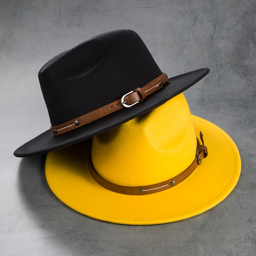 Men's Retro Felt Top Hat, Leather Buckle Accessory, Jazz Hats