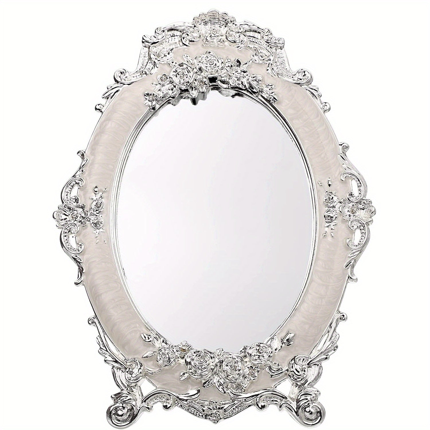 Rose Embossed Antique Oval Mirror with Stand - Vintage Tabletop Mirror for Home, Bedroom, Dressers, Living Room, Bathroom - Decorative Metal Countertop Vanity Makeup Mirror