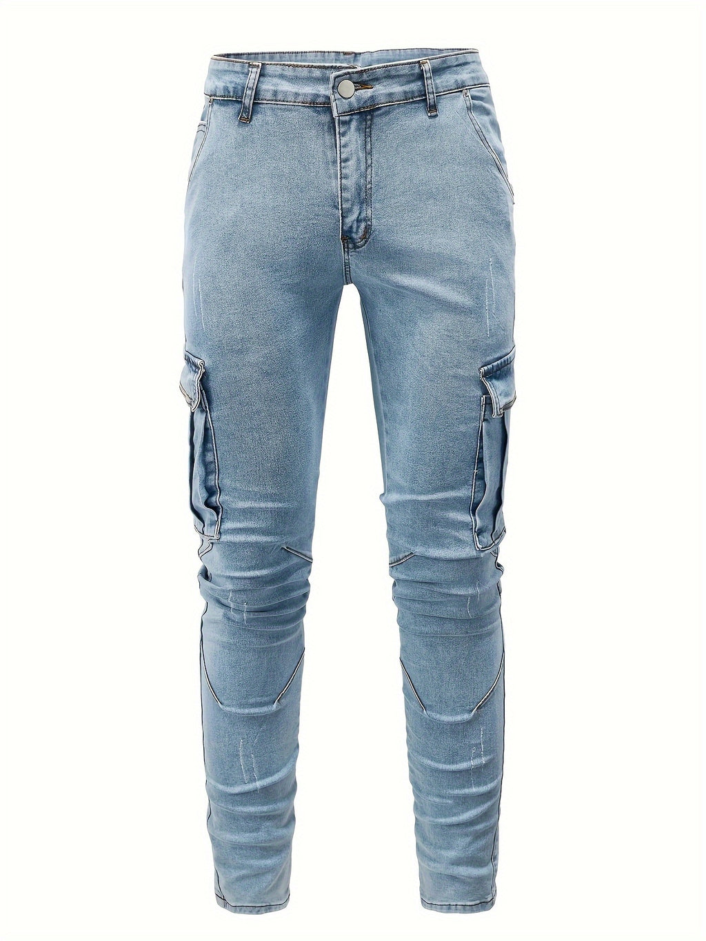 Men's Solid Color Multi-pocket Skinny Jeans For Autumn And Winter