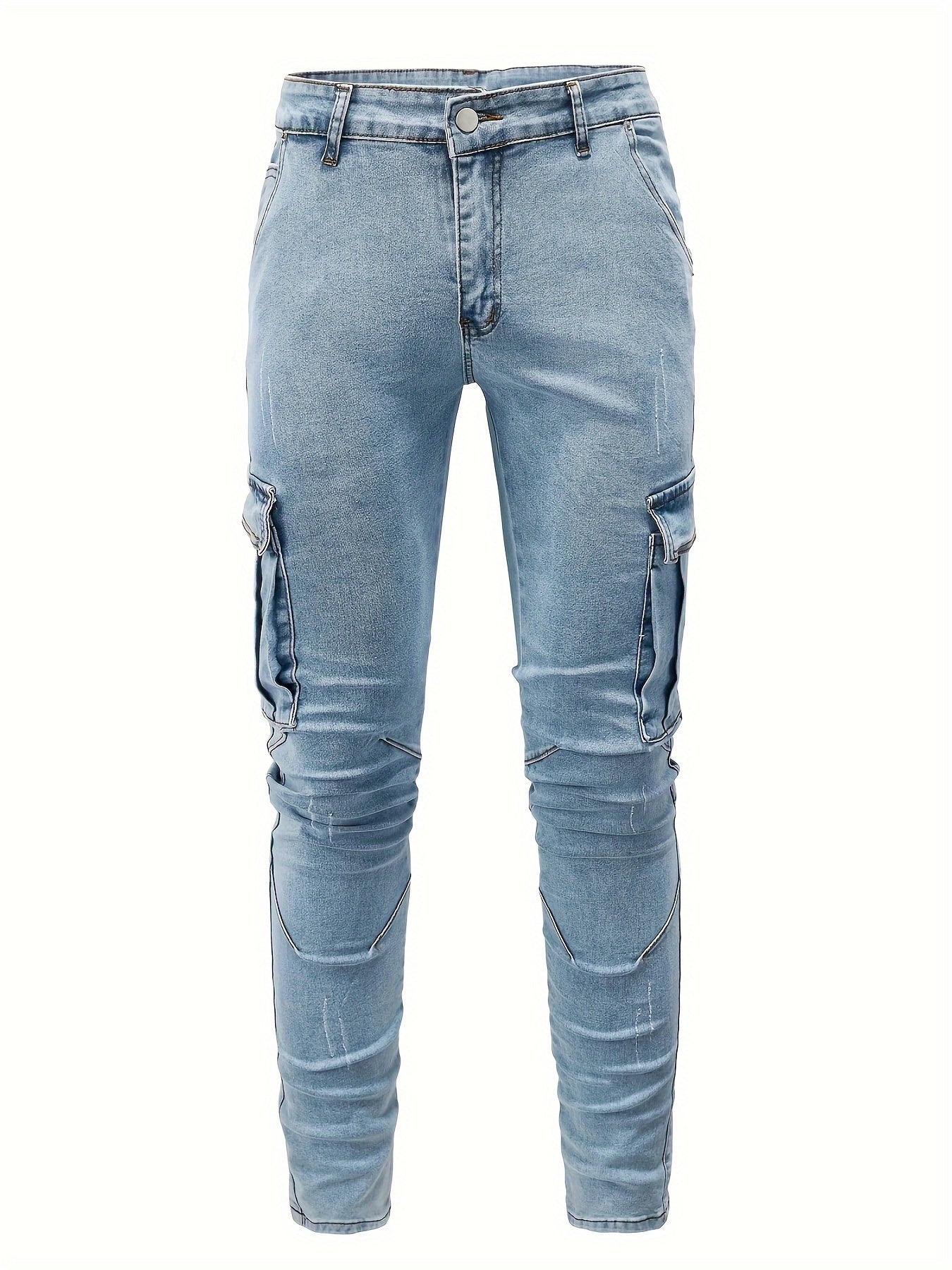 Men's Solid Color Multi-pocket Skinny Jeans For Autumn And Winter