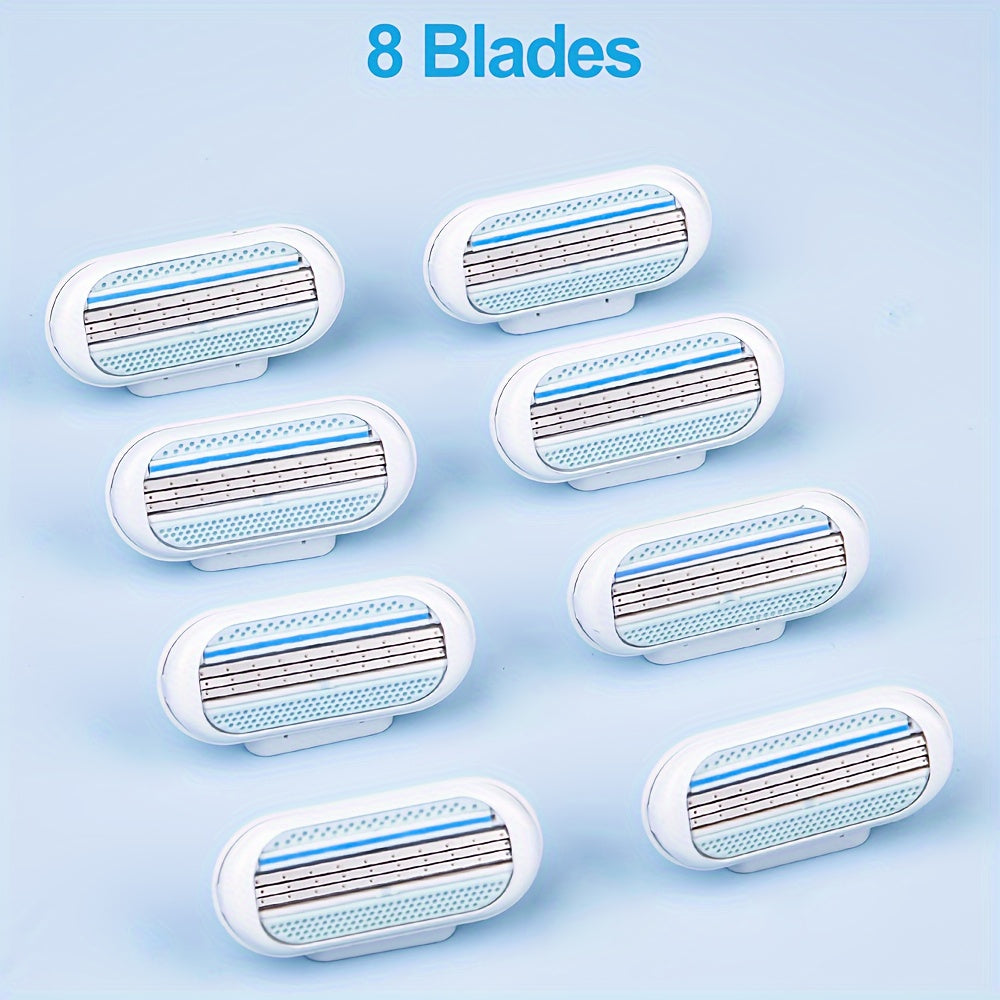 [1 Handle + 8 Blades Razor Kit] [Hypoallergenic Safety] Ladies' Classic Manual Hair Removal Razor Kit - Hypoallergenic, Reusable with 1 Blue Handle + 8 White Blades, 3-Layer Stainless Steel for Smooth, Normal Skin, Hair Remov
