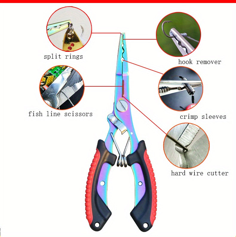 [Stainless Steel Fishing Pliers] Multi-Function Stainless Steel Fishing Pliers - Hooked Bent Nose - Color Titanium Open Ring Line Cutter - Lead Pressing Anti-Slip Handle