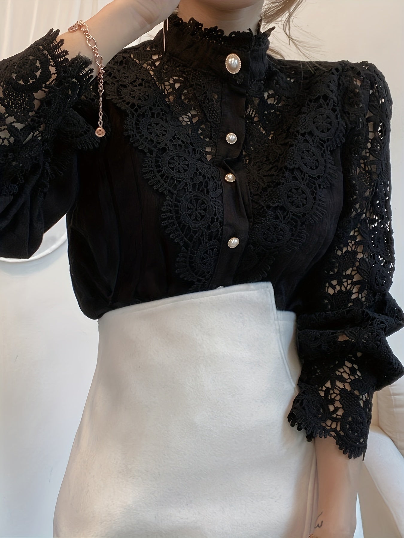 Women's Victorian Shirt - Elegant Blouse with Lace Sleeve cuffs, Vintage Button-Up Blouse for Wedding, Office, Party - Non-Stretch Formal Top (Hand Wash/Dry Clean) - Elegant Ladies Blouse, Wedding Guest Attire, Classic Collar