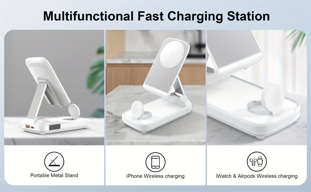 BezosMax 3 in 1 Wireless Charging Station 10000 mAh Power Bank Foldable Phone holder Magnetic Wireless Charger Adjustable angle lightweight Portable Fast charging Digital Power Display for iPhone/ iWatch/Airpods